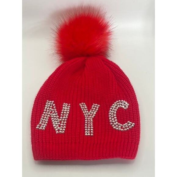 NYC Women's Red Ribbed Rhinestone Embellished Pom-Pom Faux Fur Lined Beanie SZOS - Picture 1 of 8